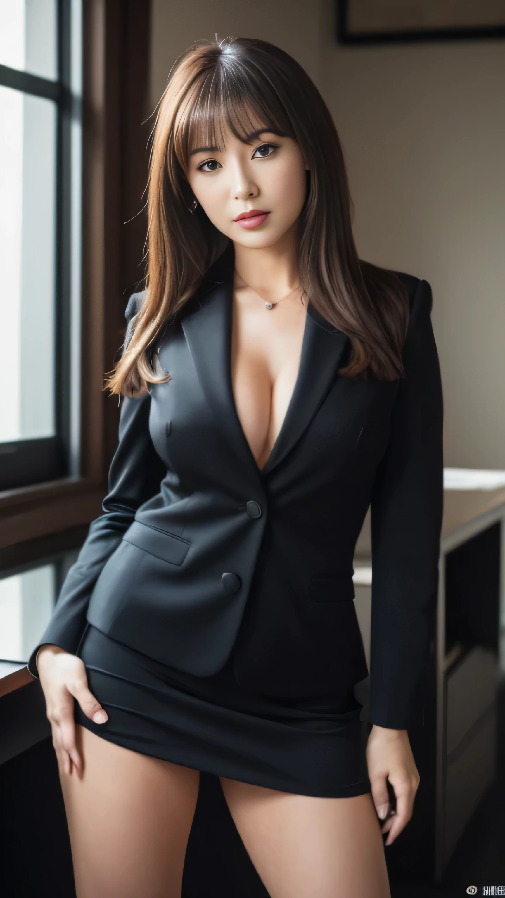 Masseter muscle part, highest quality, masterpiece, High resolution, Photoreal, RAW photo, 8k wallpaper, perfection, professional lighting, very detailed, Depth of the bounds written, ((one beautiful woman)), ((40 year old sexy woman)), (At the office), ((black business suit)), ((black tight mini skirt)), ((Look into the viewer's eyes)), detailed face, beautiful eyes, (stand up straight), bangs, well-shaped small breasts, light brown straight hair, (thick lips), whole body