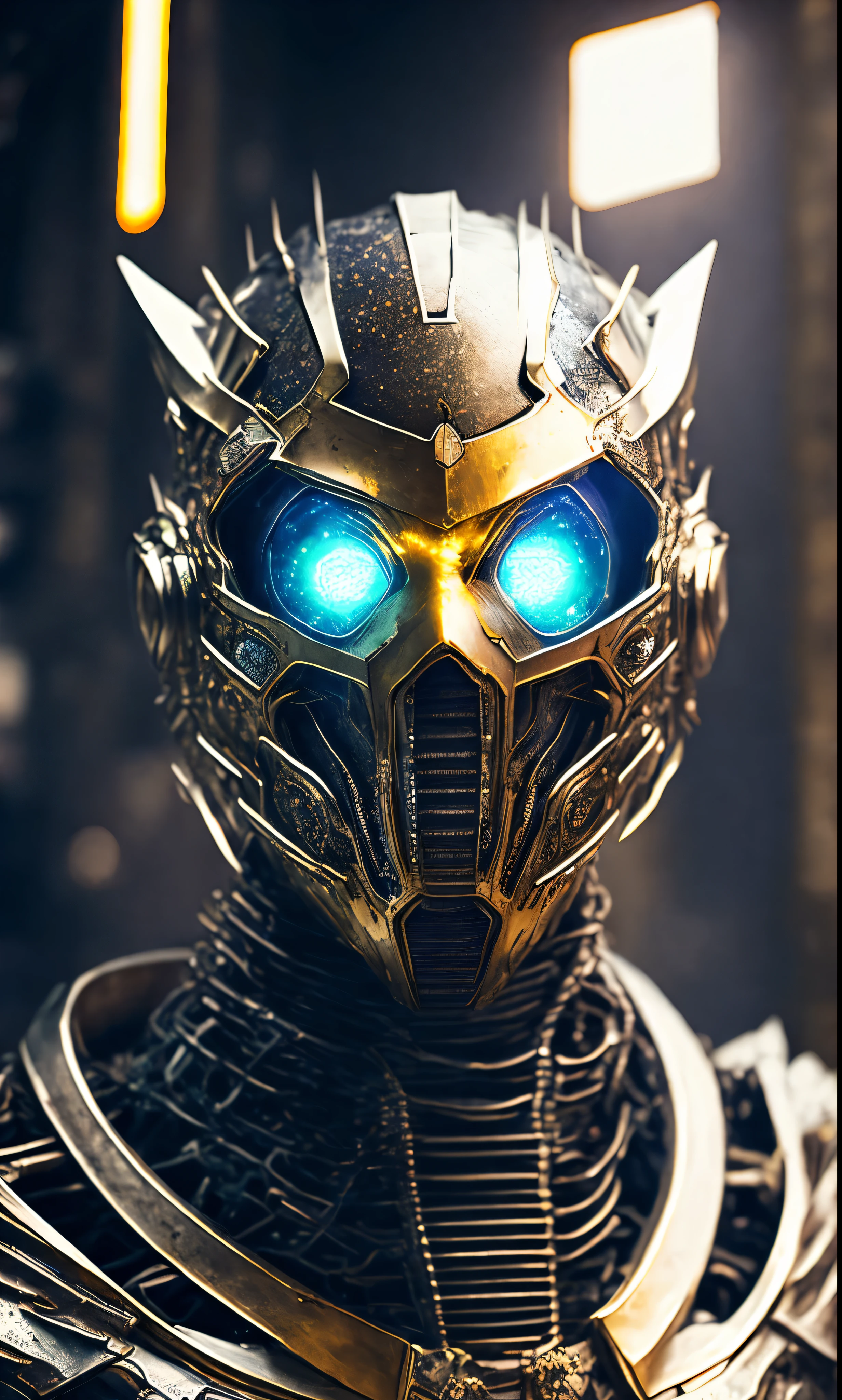 breathtaking cinematic science fiction photo of a portrait of a non human masked Grim wrapped in white and gold chrome metal skin, body full glowing metrics inside, glowing multicoloured eyes, multifaceted eyes, metallic arms, inside a destroyed building, extremely menacing creature, highly detailed, award-winning