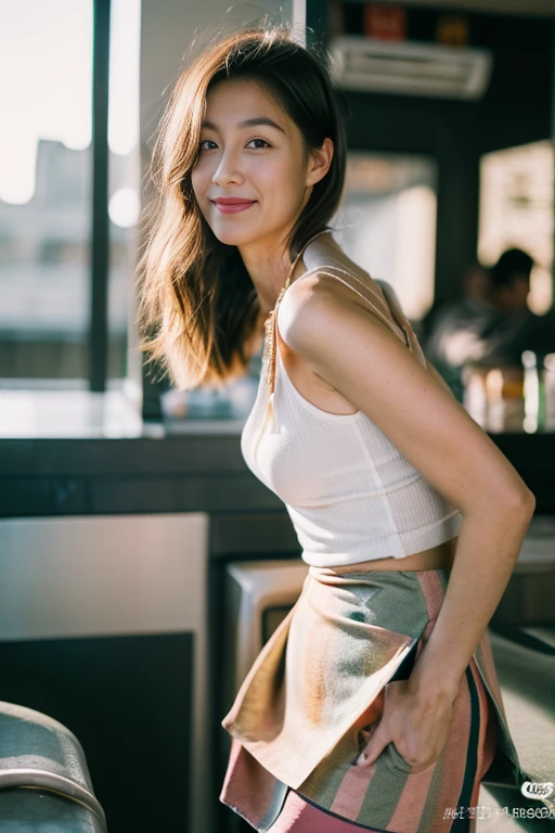 （film grain），dusk，full body portrait，(((original photo)))，A sexy girl works at the counter in the bar，The body shape of 34-26-36 is an hourglass shape,(sling、short skirt、stripe、pattern、pattern:1.5)，rim light，Bunny ears hair accessories、 clavicle， beautiful face，tattoos on the arms，belly button，wide hips， slender waist，(((long legs)))，Idol， depth of field， tilt， reflective，lifelike, ultra high resolution, high quality，soft light，best quality，masterpiece，8K，Super real，(film grain, Color difference, sharp focus, in the darkness, deep shadow, low profile, cold light, sexy look). portrait style, Leica camera quality, digital SLR, soft light, high quality, Fuji XT3, afternoon sun、 Close to her, Skin peach fuzz and pore details, Radiant、#100: Natural Golden Blonde Ponytail, A hint of smile、 intimate relaxed style photoshoot， Camera reveals more about her surroundings, reveal the deepest shadows, Every texture is clear and delicate, 
