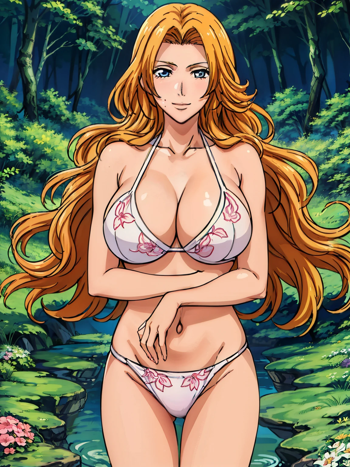 lying on grass, flower pattern bikini, (forest background), matsumoto rangiku, takeda hiromitsu style, anime cels style, best quality, high resolution, (huge breasts:1.3), cowboy shot, (potrait body), blush, smiling, blue eyes, Blonde hair, bangs,Long_hair, 1 girl, looking at viewer, beautiful face, Beautiful Finger, Beautiful long legs, Beautiful body, Beautiful Nose,Beautiful character design