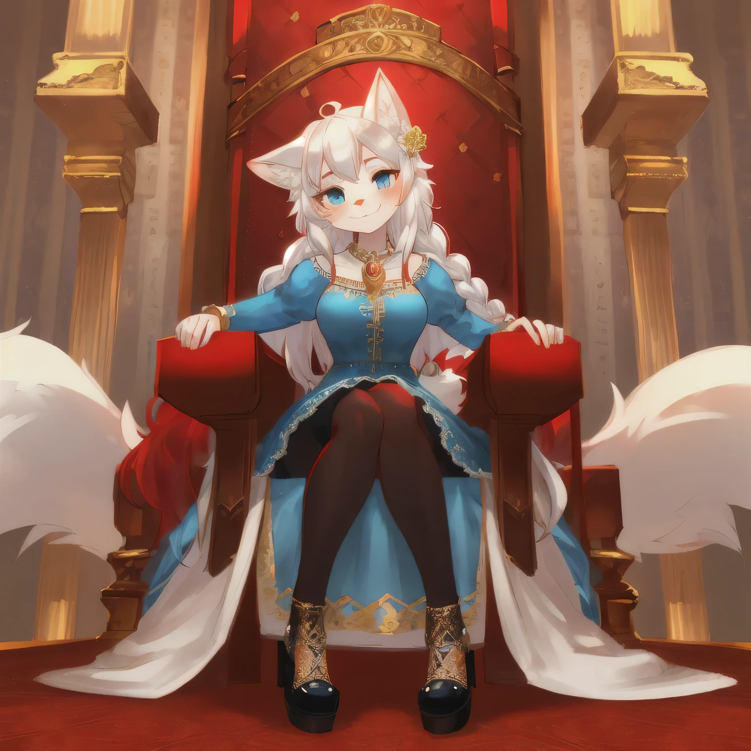 woman, hairy woman, wolf woman, full body portrait, full fur, white fur, red fur, full tail, big tail, white tail, red tail, white hair, red hair long hair, bushy hair, hair with braid, one brooch in hair, flower brooch pattern, golden brooch, almond eyes, blue eyes, shy smile, charming face, red cheek, mid-length dress, princess dress, blue dress, patterned dress, gold embroidery, chic tights, patterned tights, black tights, chic shoe, heeled shoe, scarpin shoe, lush throne wallpaper, castle interior decor
