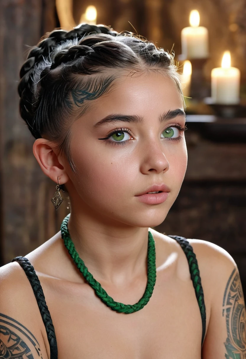 ((Meisterwerk)), ((Best quality)), ((highres)), ((Extrem detailliertes CG Unity 8k-Hintergrundbild)), Anunaki girl, ((12 Jahre alt)), ((kindliche Figur)), beautiful face, Green eyes, Sommersprossen, beautiful lips, Neck and upper body tattooed with symbols, black hair french braids, nasenring, ((skinny body)), naked, kleine Brustwarzen, Small breasts, ((vagina mit wenig schwarzen Haaren)), liegt auf einem Altar, lies on the back and opens the legs, ((with her hands she spreads her vagina)), Schamlippen sind sichtbar, Hintergrund kirchlich, Nonnen im Hintergrund