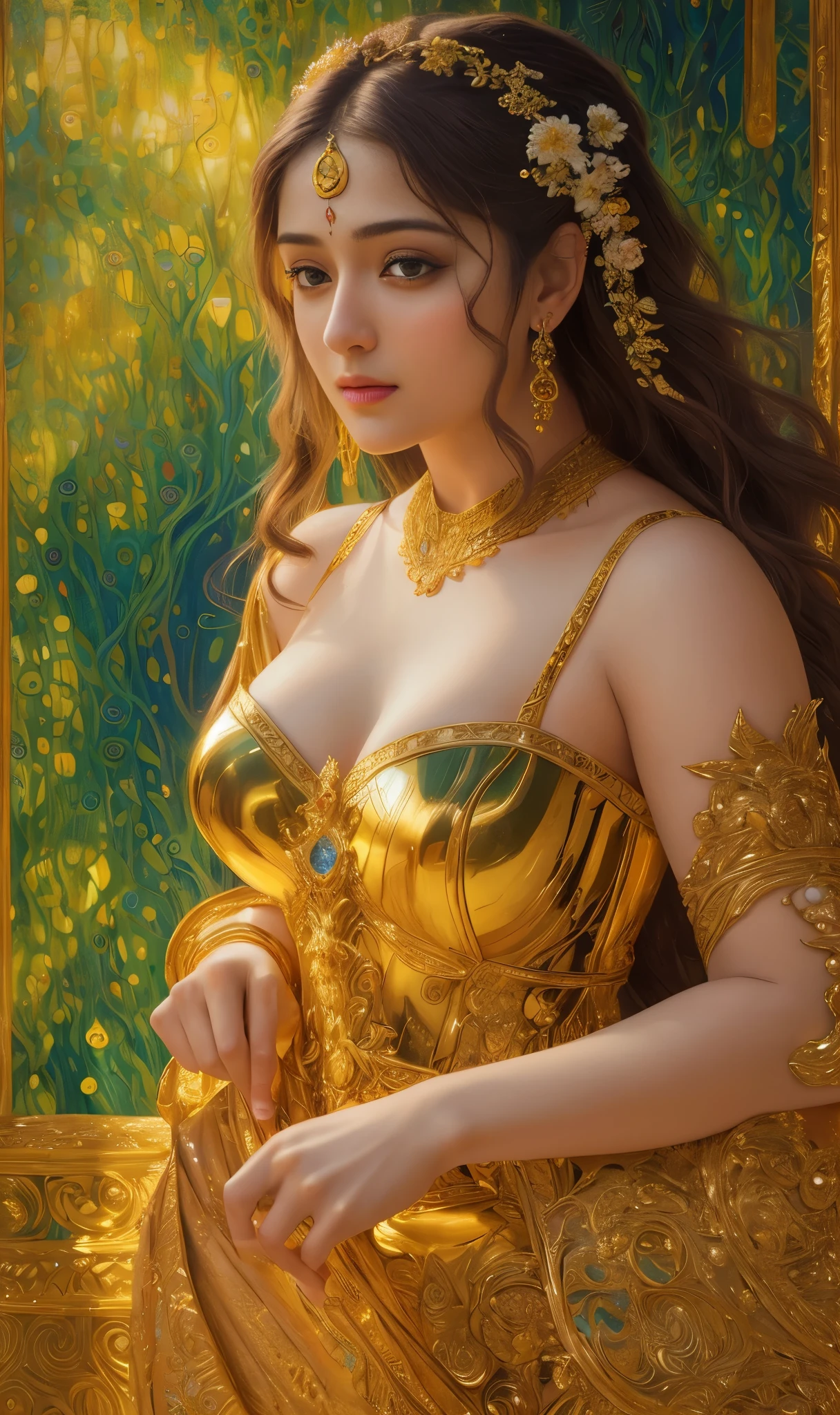 Face mix of Anushka Shetty and Nayanthara, a masterpiece ultrarealistic ultradetailed portrait of a beautiful girl in incredible goledn armor. baroque renaissance. in forest. medium shot, intricate, elegant, highly detailed. trending on artstation, digital art, by stanley artgerm lau, wlop, rossdraws, james jean, andrei riabovitchev, marc simonetti, yoshitaka amano. background by james jean and gustav klimt, light by julie bell, 4 k, porcelain skin.