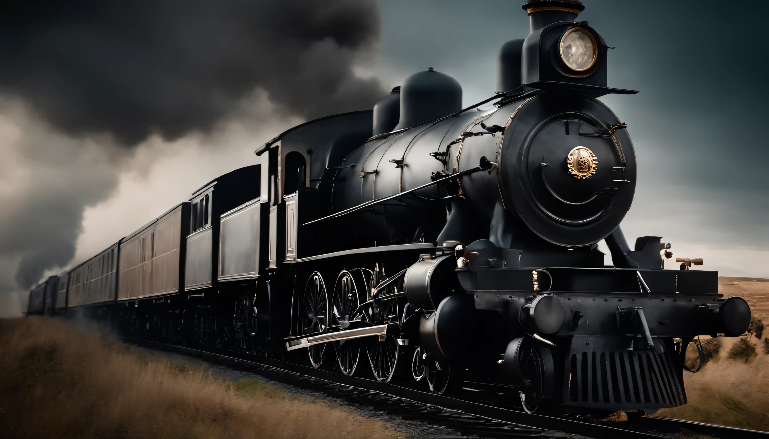 Old Locomotive in Operation:
"I request the creation of an illustration of an old locomotive in full operation, with steam coming out of the chimney. The locomotive must be highlighted, showing realistic details, such as the tracks and the surrounding landscape."