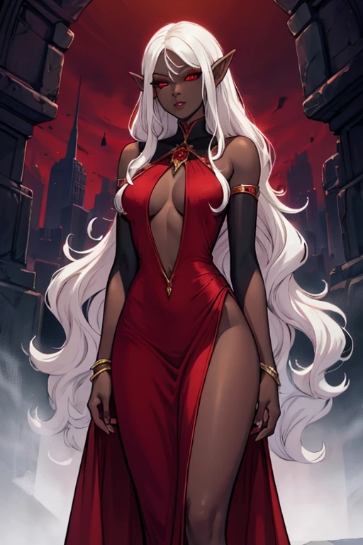 Drow Elf woman, 6' tall. red eyes, medium breasts, jet black skin. Appears 25 years old. Long, wavy white hair. wearing an elegant red evening gown.