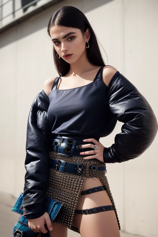 photo of 25 y. o cute Russian model girl in fachion clothes in (Balenciaga style:1.45) and constructivist style, (long sleeve shirt in punk style:1.3), [intricate detail], harmony, (open shoulders:1.3), (high detail skin:1.3), designer, official prada editorial, illustrative!!, aztec street fashion, waist - shot, dior campaign, wearing a designer top, lv, 8k uhd, dslr, soft lighting, high quality, film grain, Fujifilm XT