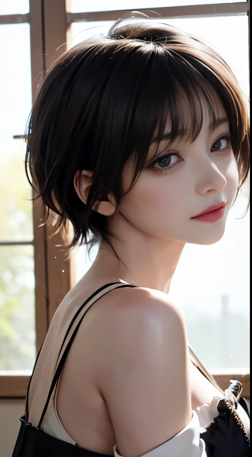 (8K, Raw photo, highest quality, masterpiece: 1.2),
Beautiful Japanese girls in 3D, She wears traditional attire with bangs and long brown hair that flows down to her shoulders. Her bare shoulders are visible through her off-the-shoulder top., A glimpse into her sensitive side, Fragile neck. The back of her head is decorated with a ribbon, Add an elegant and sophisticated touch to her outfit.
She sits by the window, Her medium sized breasts、It bounces up and down slightly with each breath.. Her brown eyes, Full of depth and emotion, Pinned to the viewer, Attract them with your enchanting charm