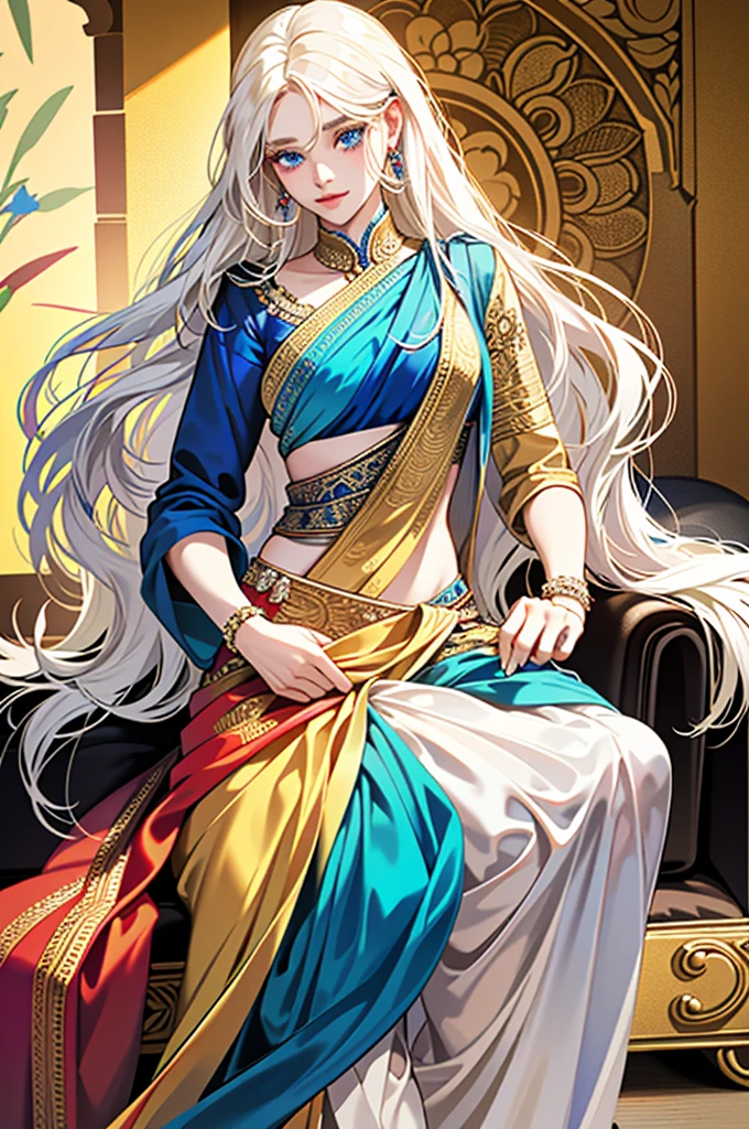incredibly beautiful woman in an Indian sari (fair, long golden hair, Blue eyes, Beautiful, young seductive) get an offer from a platinum blonde (high, Blue eyes, long white hair)
