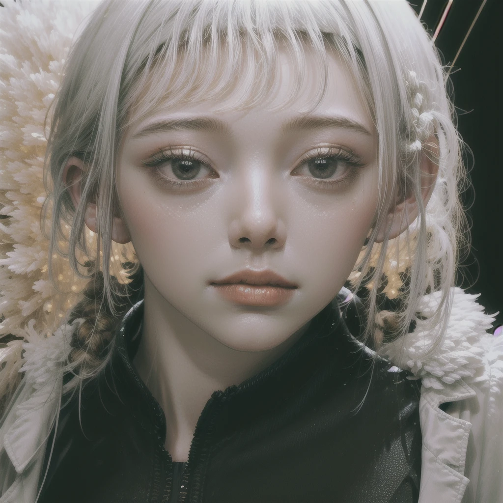 ((Create one girl 16+ years old.), (Full-length), (1 elf), (1 girl), (sexy), (One, bangs, dyed red hair) (White cyber-skull armor), ( long black tights with gloves),(wearing black outfit, holding sword, Ross Tran 8k, 3D character rendering 8K, Ross Tran style, Russell Dongjun Lu, Ross Tran style))_((Green:1.5, Orange:1.1, white: 1.3, yellow: 1.3))_ ((very sexy girl with dreadlocks, tattoos, bare parts of the body), ((down jacket on the naked body, T-shirt, thong))_((Beautiful figure, half-turn 16+ years) ,(realistic)), ((small peach breasts, graceful figure, narrow waist, smooth hips), (long double braids), (tight braids), (braided hair), (dark hair), (red lips), (smile ))_((Shiny skin:1.5, white skin, light skin:1.5)), ((sexy), (cute))_((amazing character designs, quiz style artwork, hyper detailed fantasy character, by Ross Tran!!!, ross-draws 1. 0, epic exquisite character art)).((Fractals, lights, leaves, fog, cherry blossoms, circles background))_((Chiaroscuro, contrast, warm-cold), (atmospheric rendering), (best quality), (Virtual realism))_((Digital painting, anime style, cyberpunk), (best quality, 4k, high resolution, masterpiece: 1.2))((ultradetailed), (realistic, photorealistic , photorealism: 1.37))_((Soft clear shapes, broad strokes, attention to detail))_((High quality, 16K | Ultra HD | Full HD)).