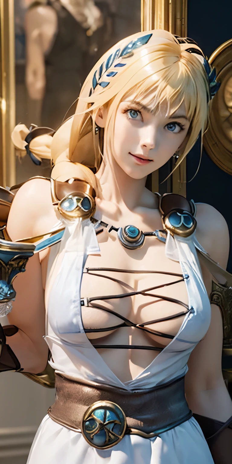 (masterpiece, best quality:1.3), Sophitia Alexandra, Soul Calibur, (upper body:1.5), 28 years old, look at viewer, gold hair, braid hair,