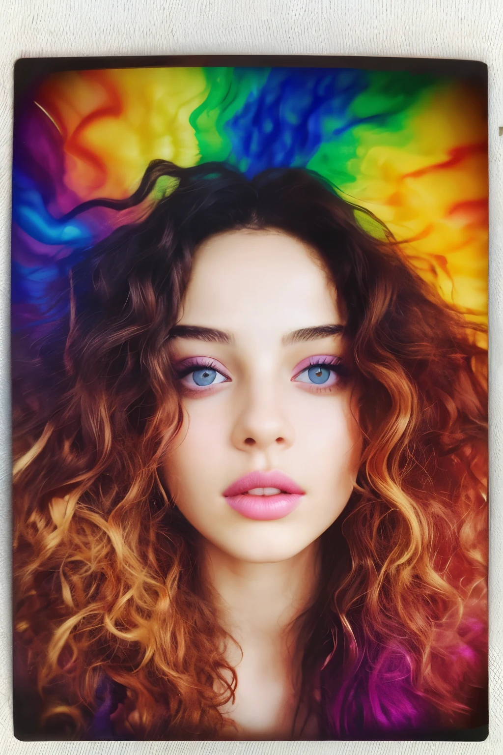 A mesmerizing 3D render unveils a captivating close-up portrait of a woman, infused with a psychedelic Polaroid glitch effect and a cinematic film depth of field. Her enchanting expression is framed by thick, erratically swaying lashes, accentuated by swirling vortexes of vibrant blue and purple hues in her eyes. Glossy, voluptuous lips are slightly parted, revealing an intriguing allure, complementing her wild, untamed, curly hair that cascades in a riot of psychedelic colors. A distorted white Polaroid frame encircles her face, revealing a sur