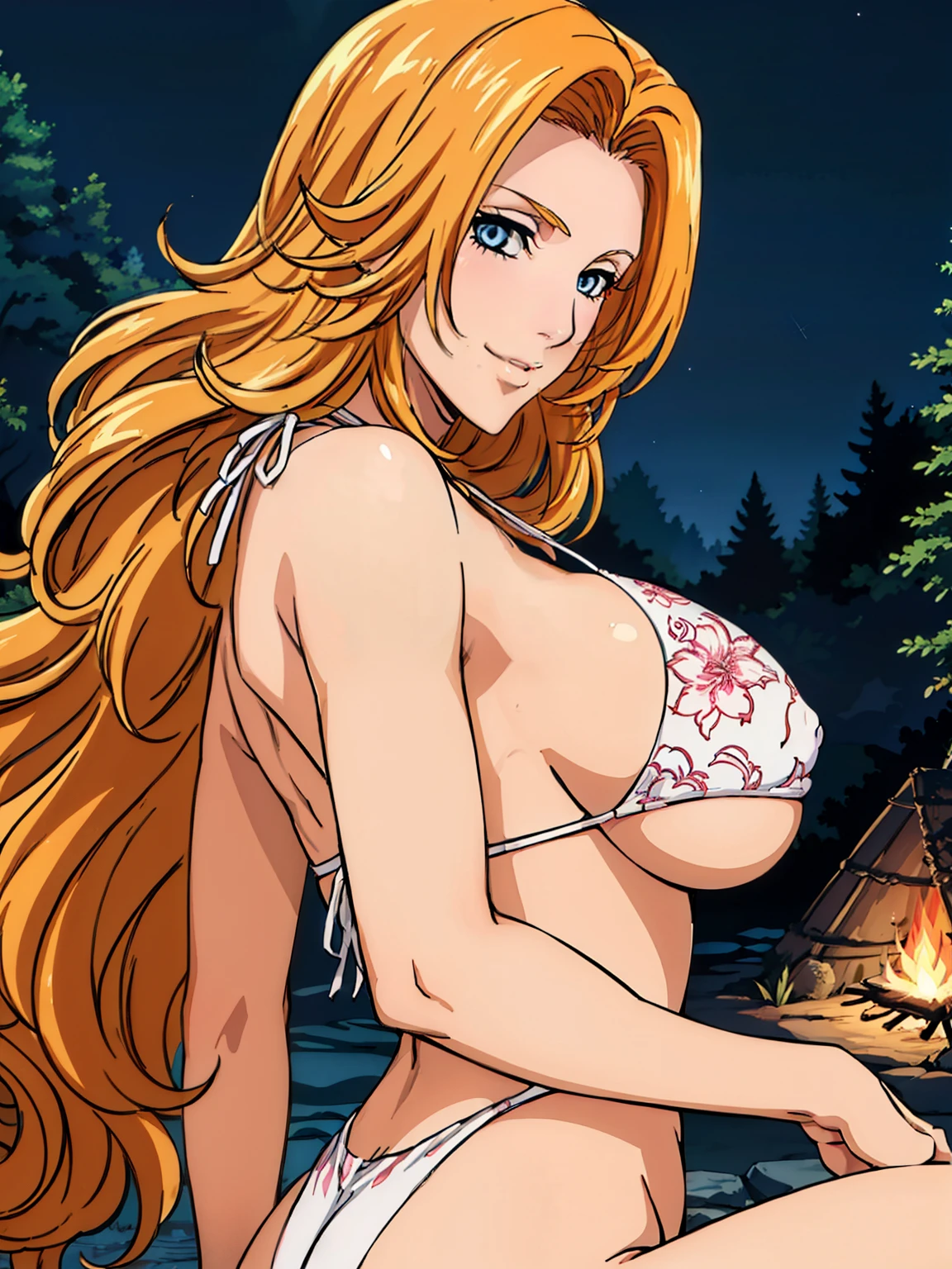 (lying, on side), fire camp, red tent, flower pattern , (night forest background), matsumoto rangiku, takeda hiromitsu style, anime cels style, best quality, high resolution, (:1.3), cowboy shot, (potrait body), blush, smiling, blue eyes, Blonde hair, bangs,Long_hair, 1 girl, looking at viewer, beautiful face, Beautiful Finger, Beautiful long legs, Beautiful body, Beautiful Nose,Beautiful character design