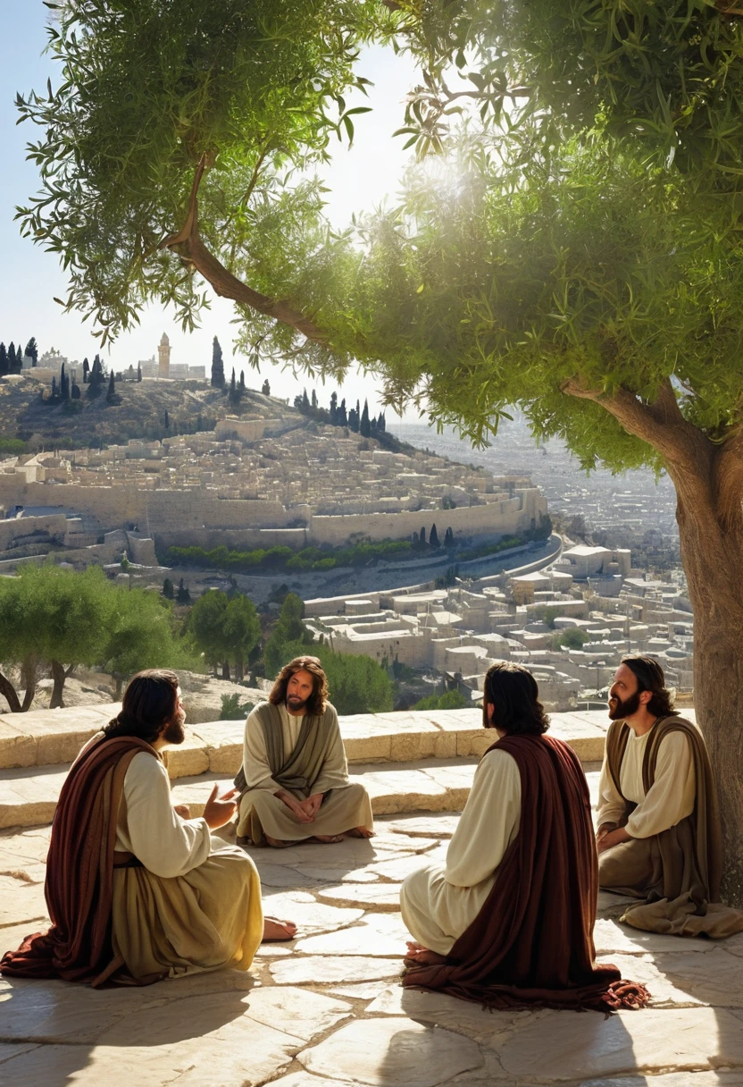 Create an image of Jesus talking to his disciples at 9 am, under a fig tree, In the background you can see the city of Jerusalem at the time of the 1st century with Herod's temple in the center of the city. Deja un espacio difuminado para escribirle un texto debajo de la imagen. Estilo realismo.