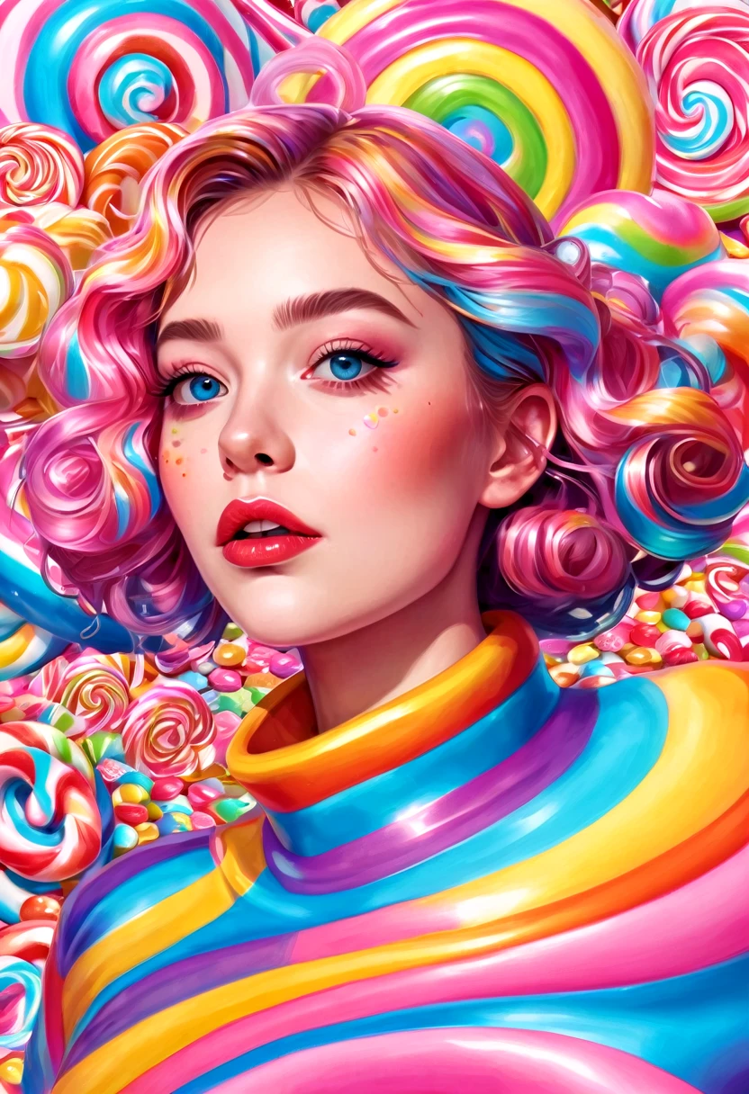 1girl, Candyland, aesthetic, vibrant colors Candyland wonderland gouache swirls detailed Candy art style! Whimsical playful colorful! candy!!! 🍬🍭 Candyland art!! “Hyperrealistic hyperdetailed highly detailed, digital illustration” postmodernism, artstation, poster art, dynamic lighting, cel-shaded, ray tracing reflections