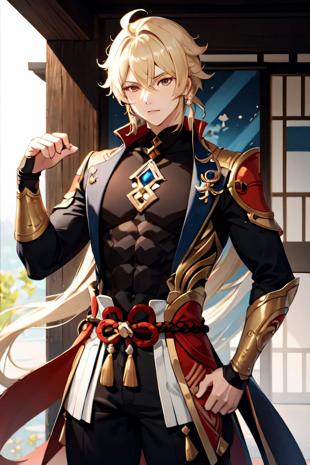 Make the image of a male character inspired by Genshin Impact, he has medium blonde hair, has a muscular body, wears a black coat and has amber eyes