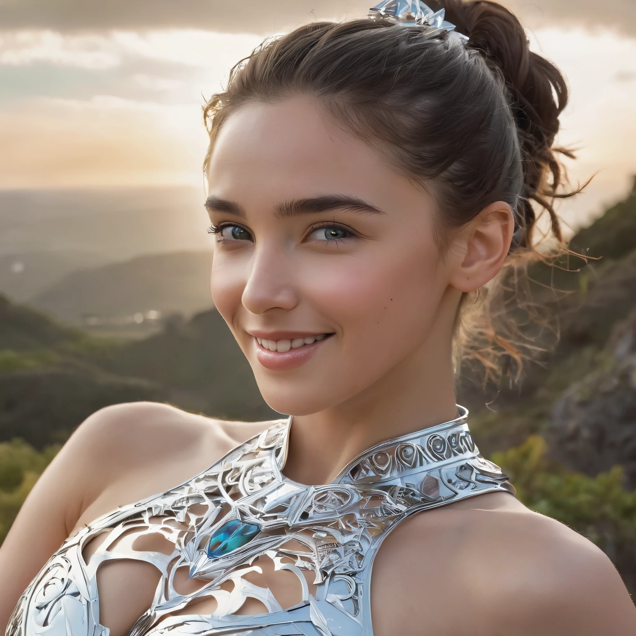 (best quality,4k,8k,highres,masterpiece:1.2),ultra-detailed,(realistic,photorealistic,photo-realistic:1.37),Official art, (1 beautiful age Italian girl:1.1), (wearing detailed white bodyarmor with beautiful fractal or marble design:1.3), (seductive smile:1.1), (captivating smile1.2), ((High quality)), ((Detailed)), ((Fantasy)), Blue Plasma Brain, Green Plasma Body, Vulgarity, beutiful breast, obscenity, (Lewd smile:1.2), coarse, Obscene, mean, (raunchy:1.2), (Immoral:1.2), Lachish, (small breasts with beautiful raised areolas:1.3), (Cameltoe), (Expression of ecstasy:1.2), (Incredibly beautiful nature background:1.6), (18 years old:1.5), (Sexy and glamorous:1.1), (A coquettish expression:1.1), (seductively smiling:1.1), (Full body), (erotic posing:1.5), (showing her armpit:1.4), Beautiful seductive face, Portrait, (Thick eyebrows:0.7), (detailed large iridescent eyes:1.4), Beautiful eyes with fine symmetry, Intimate face, (ultra detailed skin texture:1.1), pale skin, Perfect Anatomy, (Beautiful toned body:1.1), Hair Bow, (Moist skin:1.2), no makeup, dark circles, Focus Face, good-looking, (Emilia Clark:0.6) (Emma watson:0.3),(Jennifer Connelly:0.4), (sensual face:1.3), Elegant face, Dolce, (Around her neck is a simple necklace of exquisite workmanship), (Bioluminescence with brilliant brilliance:1.3), (Luminous magic circle:1.2), Shining majestic cloud masses and sky, lightning bolt, Epic Realistic, (Greg Rutkowski:0.2), (teal and orange:0.4), (Art Station:1.5), Cinematic, (nfsw:1.3), Hyper Detailed, natural Lighting, (Intricate details:1.1),