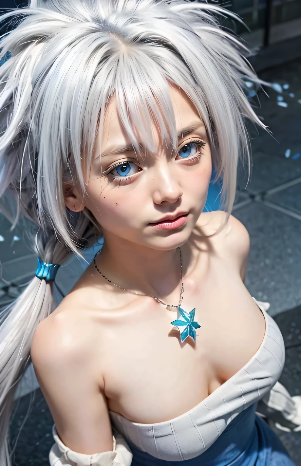 VELZARD, BANGS, BLUE EYES, GREY HAIR, HAIR BETWEEN EYES, LONG HAIR, TWINTAILS, YELLOW HAIRBAND, BARE SHOULDERS, JEWELRY, NECKLACE, DRESS, CLEAVAGE, DETACHED SLEEVES, BLUE SKIRT, 1girl, solo, upper body, facing viewer, looking at viewer, smile,