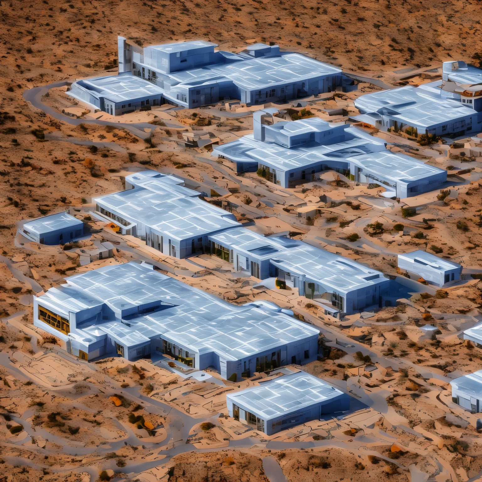 aerial view of Modern building robust white futuristic LED illuminated blue windows and doors, set in Utah desert orange sunny day realistic texture illuminated ambient day sun