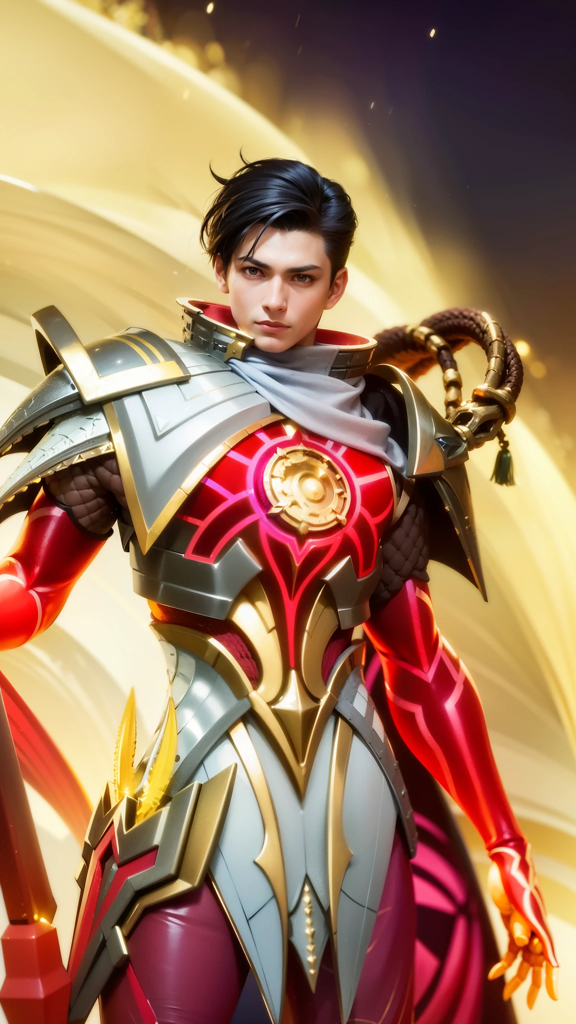 a close up of a person in a costume holding a sword, draconic looking armor, masculine male, masterpiece, ((perfect eyes)) best quality, (semirealism:1.9), beautiful lighting, (extremely detailed CG unity 4k fhd wallpaper), High Detail, Sharp focus, dramatic outdoors, 1 boy ,19 years old, black short hair, yellow eyes.