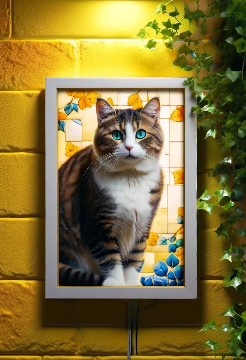 4K、live-action、High resolution、、The wall on which the picture frame is hung、Tiles with orange glowing borders。.Blue flowers blooming on bright green ivy、Bright yellow street lamp