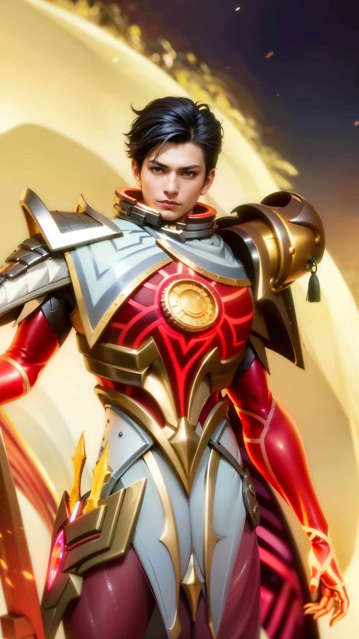 a close up of a person in a costume holding a sword, draconic looking armor, masculine male, masterpiece, ((perfect eyes)) best quality, (semirealism:1.9), beautiful lighting, (extremely detailed CG unity 4k fhd wallpaper), High Detail, Sharp focus, dramatic outdoors, 1 boy ,19 years old, black short hair, yellow eyes.