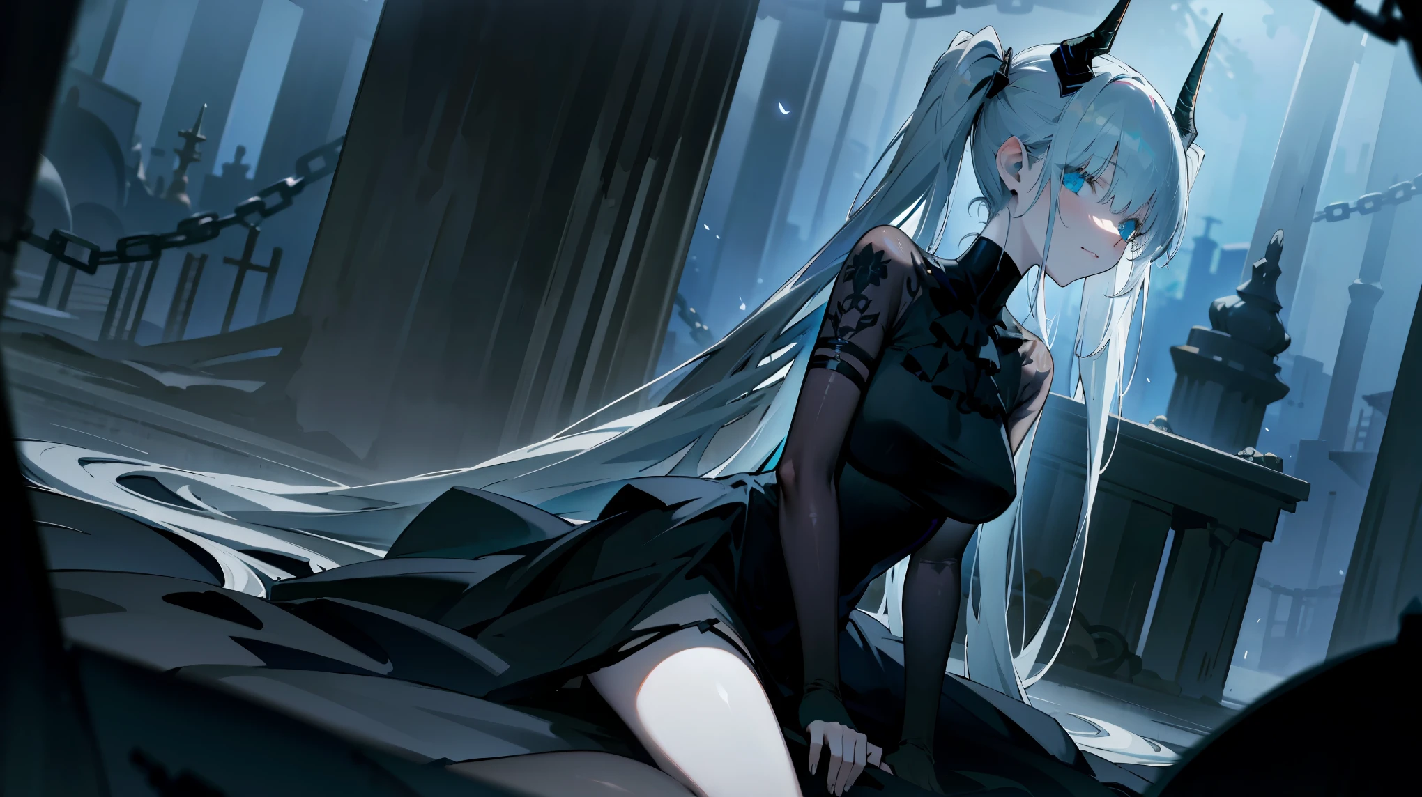 (best quality,highres,masterpiece:1.2),(flatten art:0.75), masterpiece, best quality, 1woman, Anime, darker environment, long twintail hair, black horn, straight white hair, black goth gown, enticing, night, dark, dark fantasy ruin hall, looking at viewer, solo, faint moonlight, sad smile, close-up, sitting, seducing the viewer, chains