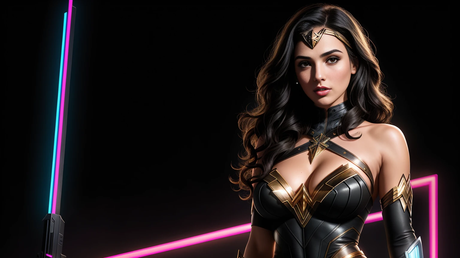 there IS GAL GADOT AS WONDER WOMAN standing, long hair, 3 d neon art of a womans body, neon-noir background, cyberpunk femme fatale, seductive cyberpunk dark fantasy, cyberpunk strip clubs, cyberpunk 20 y. o model girl, oppai cyberpunk, banner, high definition cgsociety, cgsociety masterpiece, trending on cgstation, kda, random hair, looking at camera, gigantic breasts, cleavage, (high detailed skin:1.2), 8k uhd, dslr, super lighting, high quality, film grain, high res, highly detailed, hyper realistic, beautiful face, beautiful body, beautiful eyes nose lips, alluring expression, very bold, upper visible, full body photo, standing legs apart, pale translucent glowing skin, most beautiful face, cute, (well defined pubic hair:1.2)), (dark plain black background:1.4))