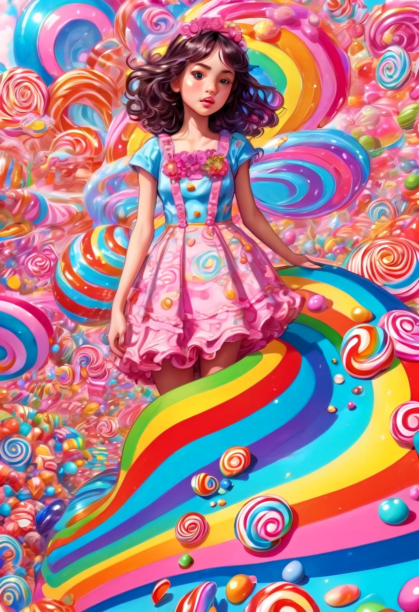 1girl, Candyland, aesthetic, vibrant colors Candyland wonderland gouache swirls detailed Candy art style! Whimsical playful colorful! candy!!! 🍬🍭 Candyland art!! “Hyperrealistic hyperdetailed highly detailed, digital illustration” postmodernism, artstation, poster art, dynamic lighting, cel-shaded, ray tracing reflections