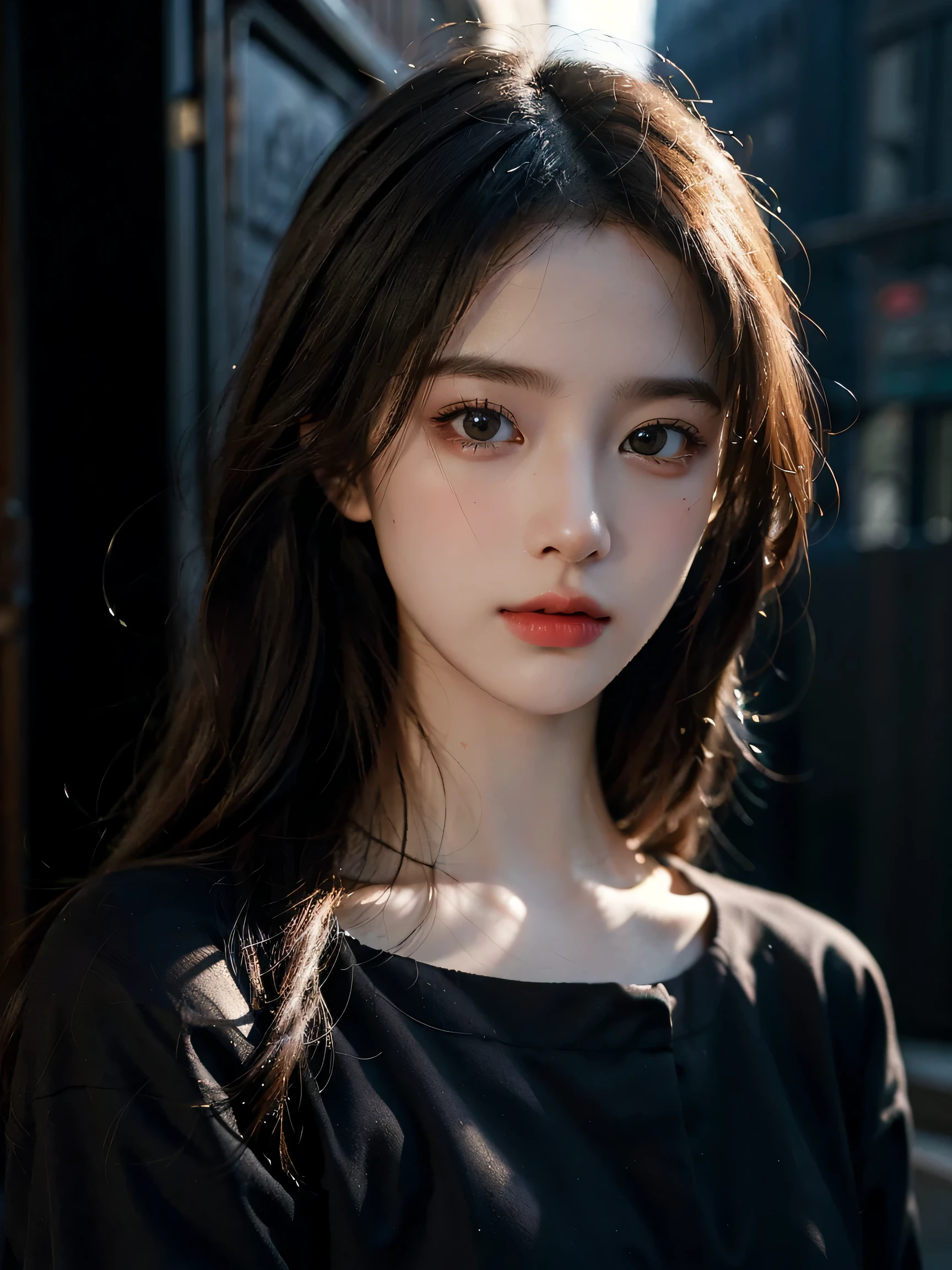 1girl, (looking at viewer:1.2), detail face, (a girl standing, rending on cgsociety, black shadows, streaming, new york backdrop), romanticism, atmospheric, (RAW photo, best quality), (realistic, photo-realistic:1.3), masterpiece, an extremely delicate and beautiful, extremely detailed,