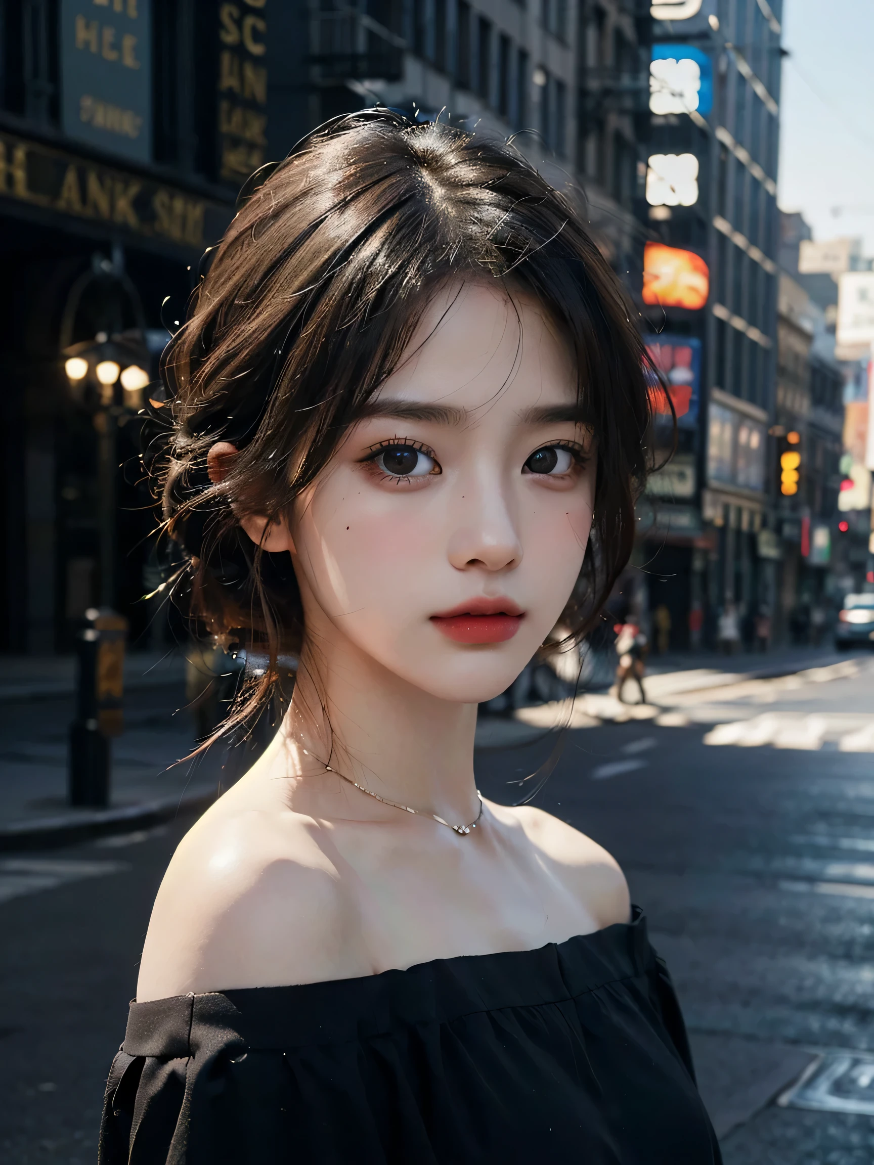 1girl, (looking at viewer:1.2), detail face, (a girl standing, rending on cgsociety, black shadows, streaming, new york backdrop), romanticism, atmospheric, (RAW photo, best quality), (realistic, photo-realistic:1.3), masterpiece, an extremely delicate and beautiful, extremely detailed,