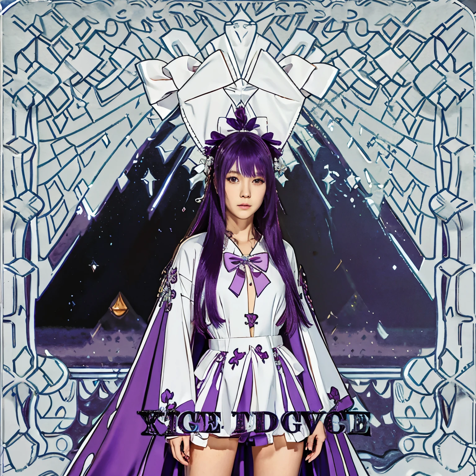 Beautiful, sweet, white, purple hair, long hair, outstanding hair style, gorgeous outfit, ryousangata otaku style, with a bow on her head and a ghost.