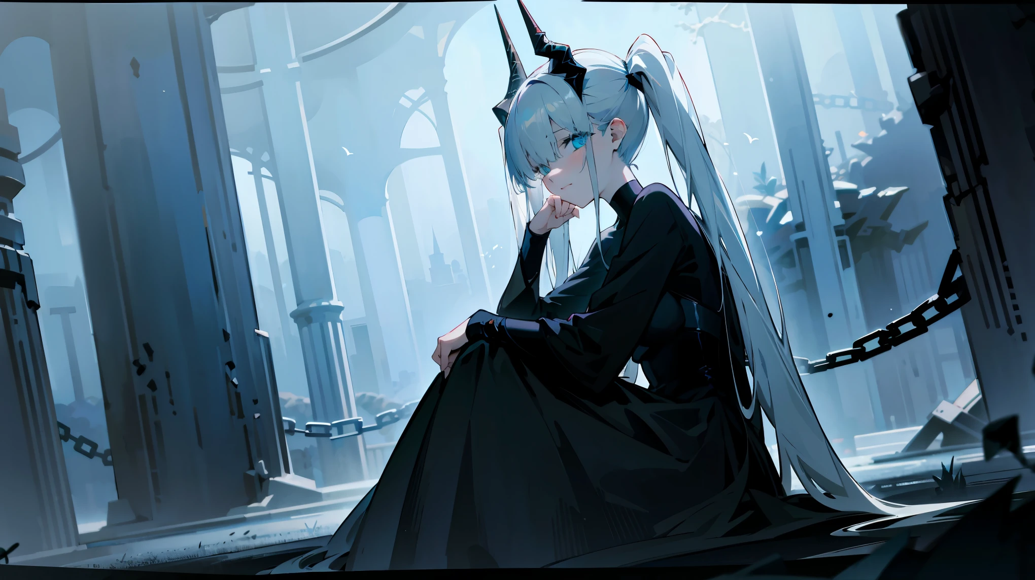 (best quality,highres,masterpiece:1.2),(flatten art:0.75), masterpiece, best quality, 1woman, Anime, darker environment, long twintail hair, black horn, straight white hair, black goth gown, enticing, night, dark, dark fantasy ruin hall, looking at viewer, solo, faint moonlight, sad smile, close-up, sitting, seducing the viewer, chains