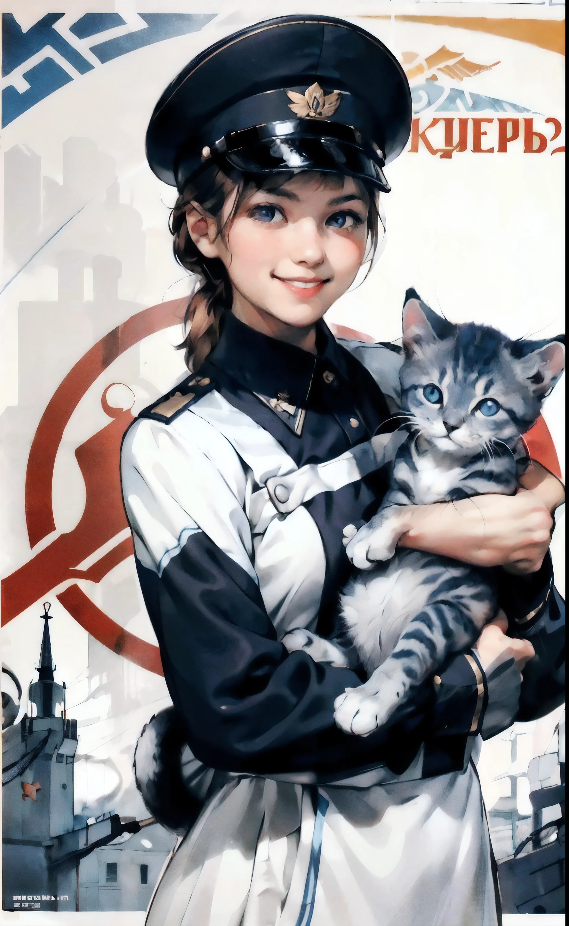 (Best quality:1.2), girl with kitten, in a white, blue and red uniform, smile, looking at the camera, Soviet Union, poster, 