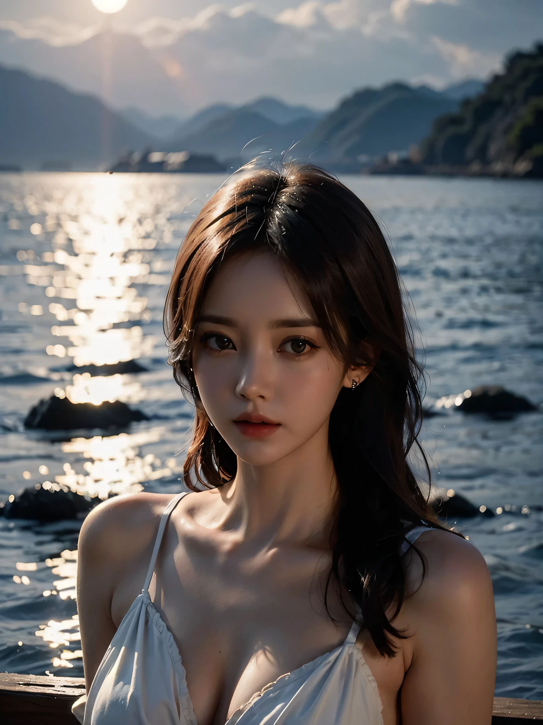 1girl, (looking at viewer:1.2), detail face, (a girl standing, rending on cgsociety, black shadows, streaming, sea backdrop), romanticism, atmospheric, (RAW photo, best quality), (realistic, photo-realistic:1.3), masterpiece, an extremely delicate and beautiful, extremely detailed,