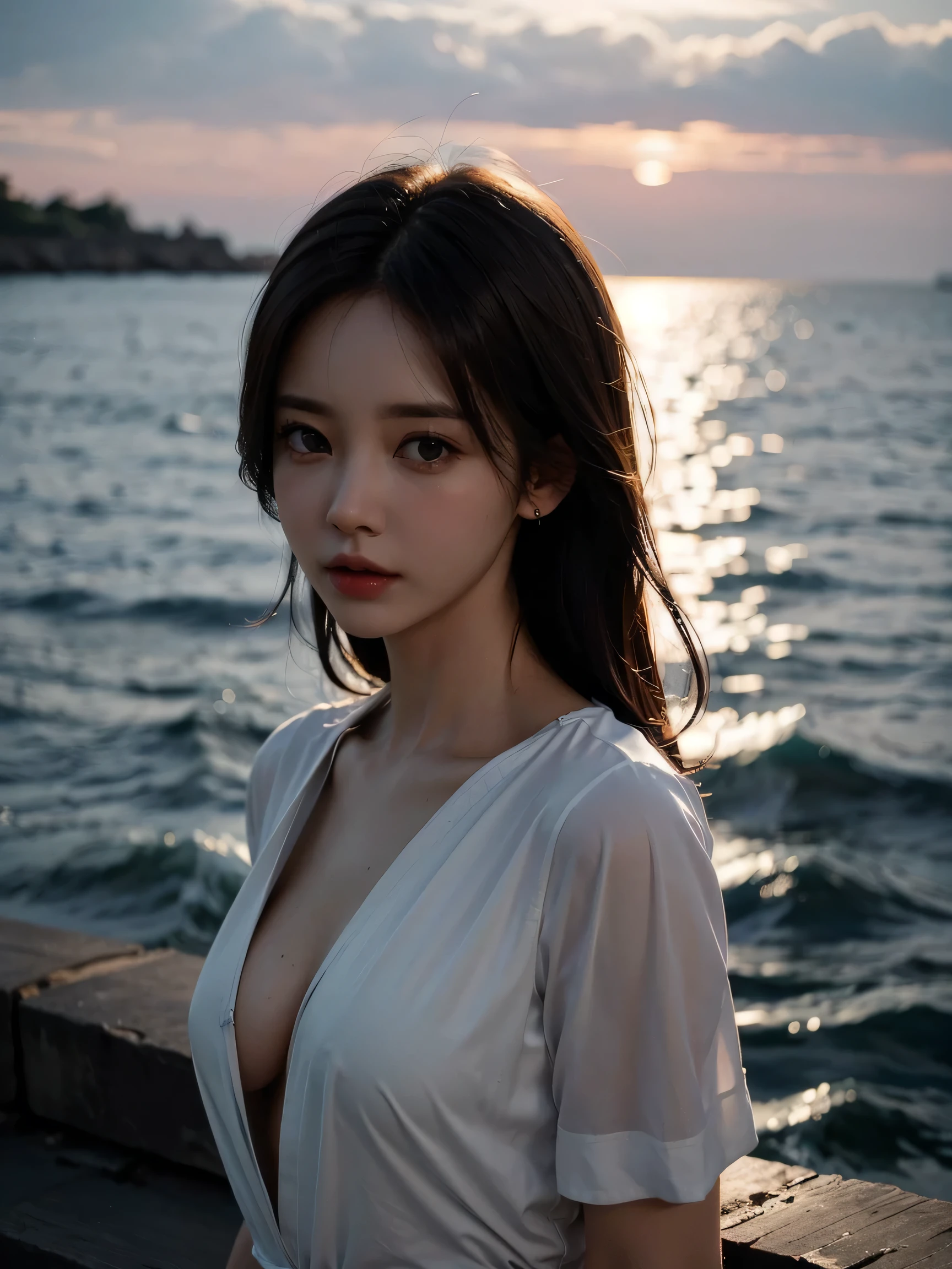 1girl, (looking at viewer:1.2), detail face, (a girl standing, rending on cgsociety, black shadows, streaming, sea backdrop), romanticism, atmospheric, (RAW photo, best quality), (realistic, photo-realistic:1.3), masterpiece, an extremely delicate and beautiful, extremely detailed,