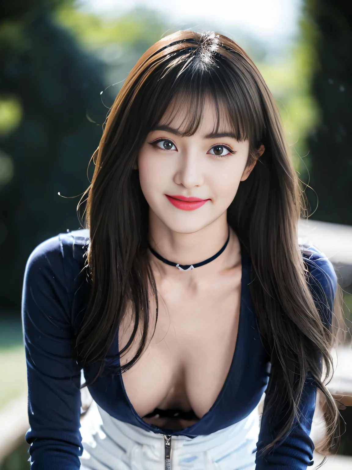 highest quality,masterpiece,ultra high resolution,(realistic:1.4),girl, 18-year-old, (Perky breasts:1.2), bangs, (slim face, slim waist, slim legs), white shirt, attractive, ((black choker, Blue color contact lenses)), Lean forward and look into the camera、long eyelashes、Large saggy breasts、smile、long sleeve shirt