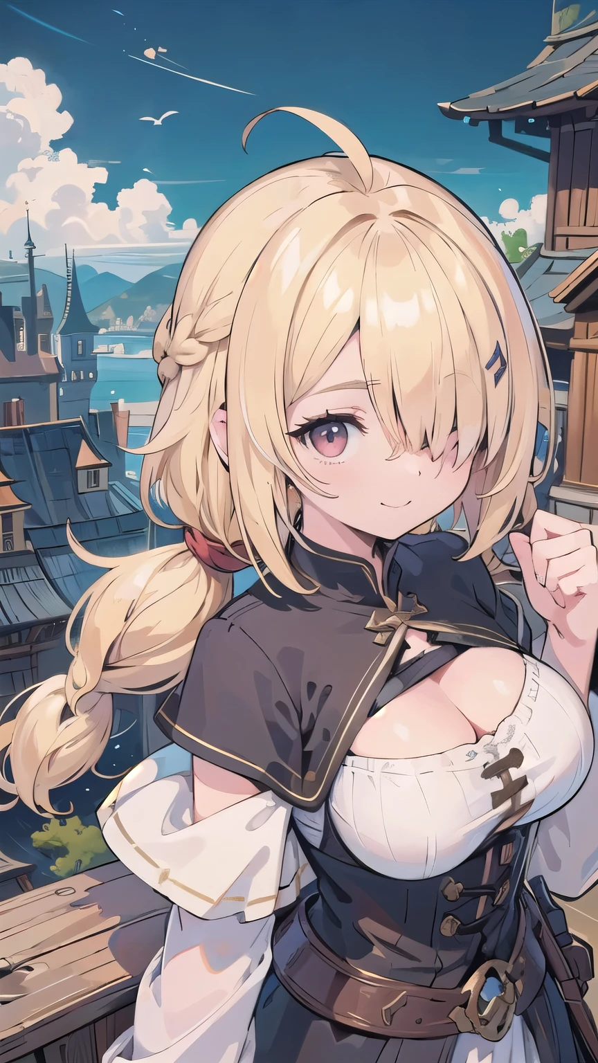 tits、cleavage, smile, face palm、middle ages, fantasy, floating city, breasts close up, blonde ((((((hair over one eye)))))), Braid Styles, spiked hair, blunt bangs, bob hair, a braid, Ahoge red eyes, off shoulder, From above, From the side, standard bearer