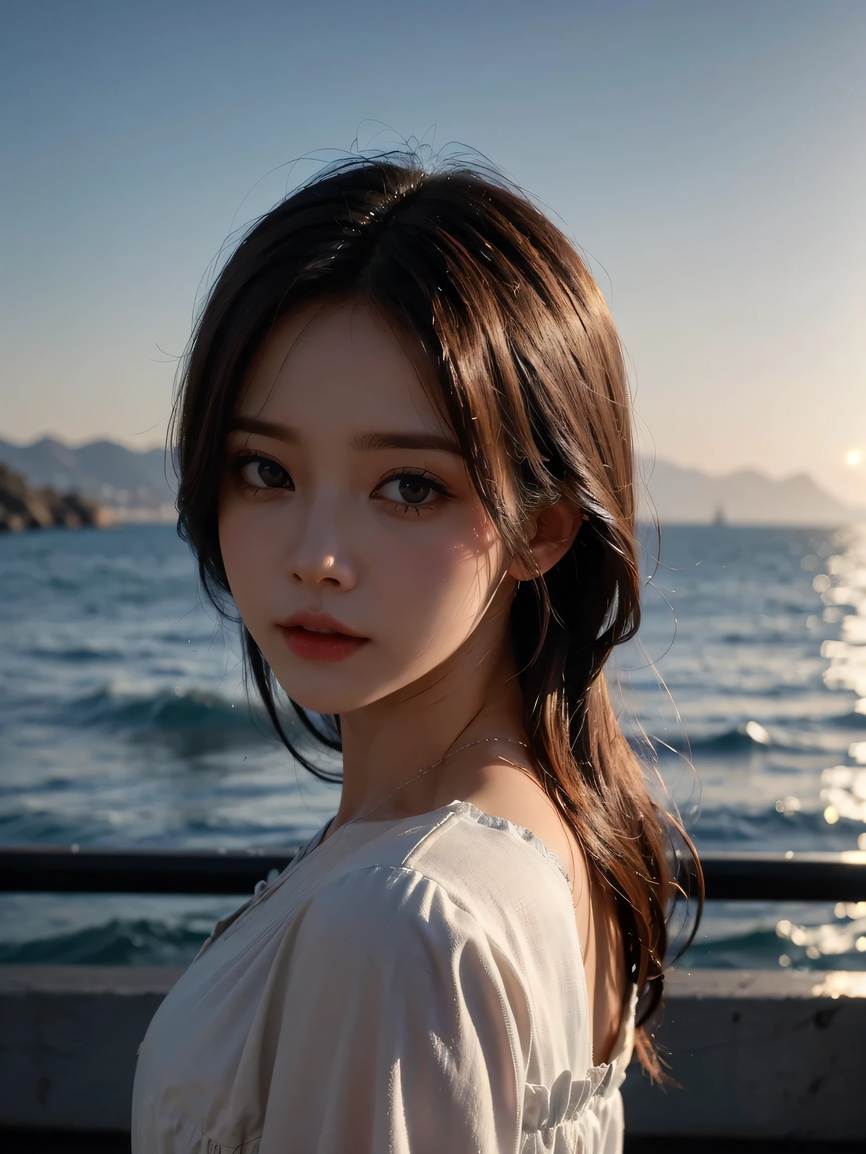 1girl, (looking at viewer:1.2), detail face, (a girl standing, rending on cgsociety, black shadows, streaming, sea backdrop), romanticism, atmospheric, (RAW photo, best quality), (realistic, photo-realistic:1.3), masterpiece, an extremely delicate and beautiful, extremely detailed,