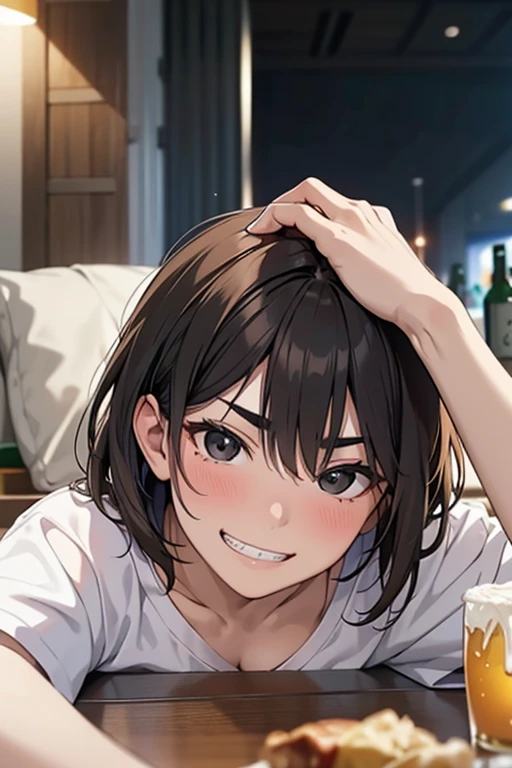 (8K、top-quality、​masterpiece:1.2)、(realisitic、ultra-detailliert、超A high resolution,,beautifull detailed face,perfect body,((nighttime)),perfect lighting,Constriction、Beautiful detailed skin、Skin Texture,1giri, very short hair,hair pin,naked,in bathroom, smile,taking shower her own,face focus,wet,wet hair,wet body,eyes closed