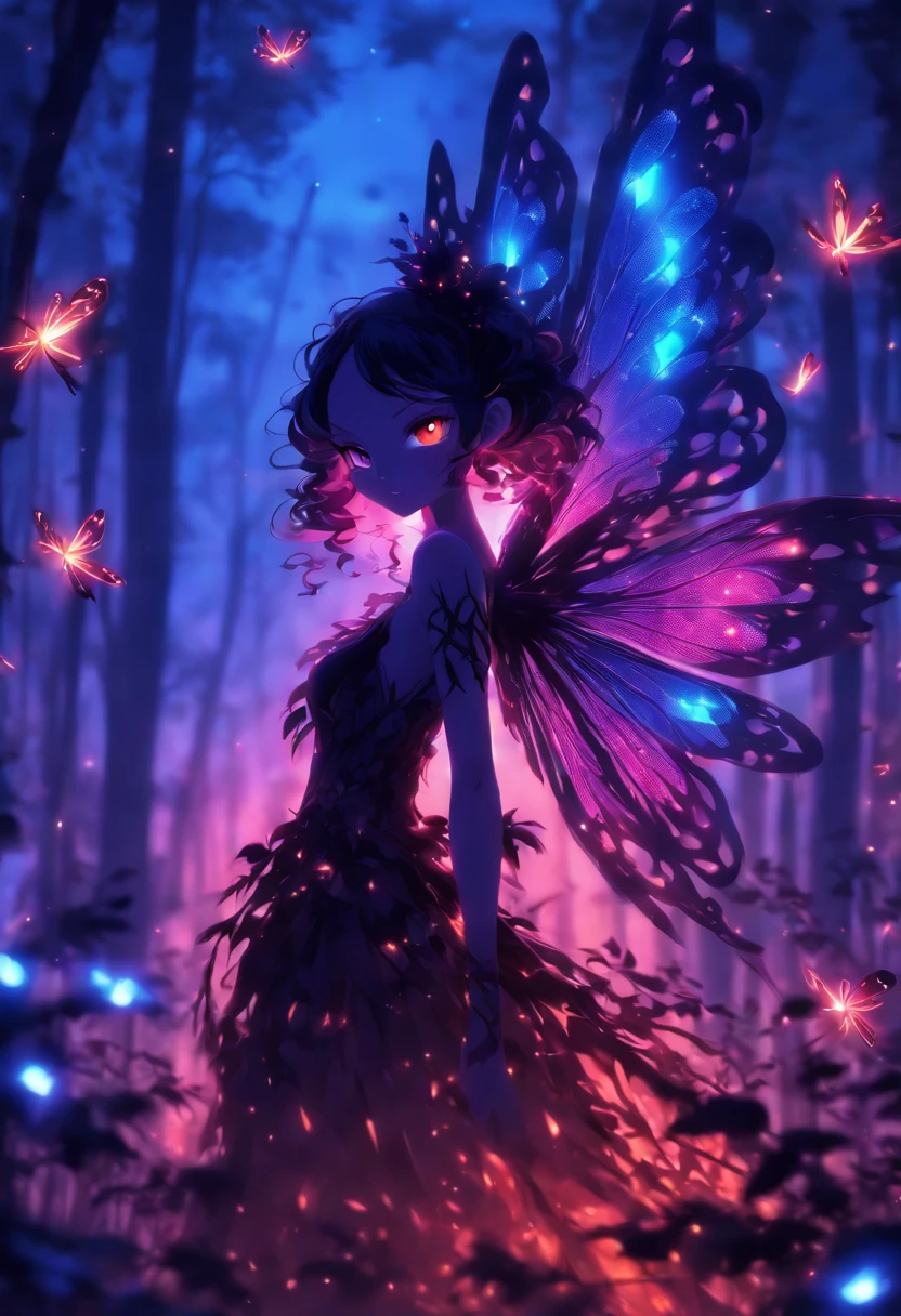 Anime style, female fairy, twisted version, gothic attire, darkened theme, full body, demonic aura, 3D Image, dragonfly wings, appoky forest background
