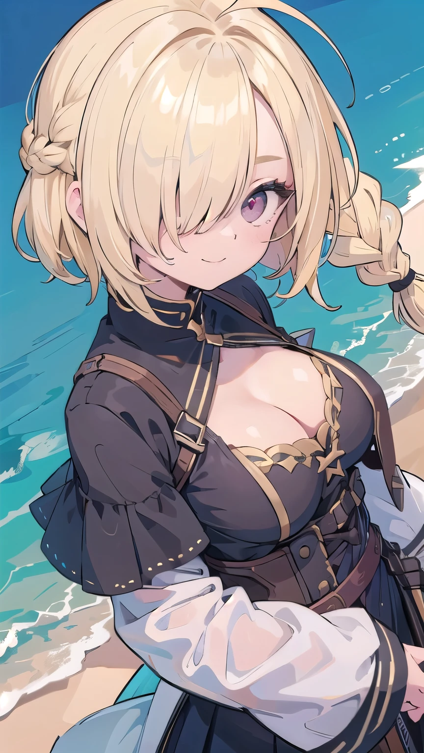 tits、cleavage, smile, face palm、breasts close up, blonde　((((((hair over one eye)))))), Braid Styles, spiked hair, blunt bangs, bob hair, a braid, Ahoge　red eyes, off shoulder,  From above, From the side, standard bearer