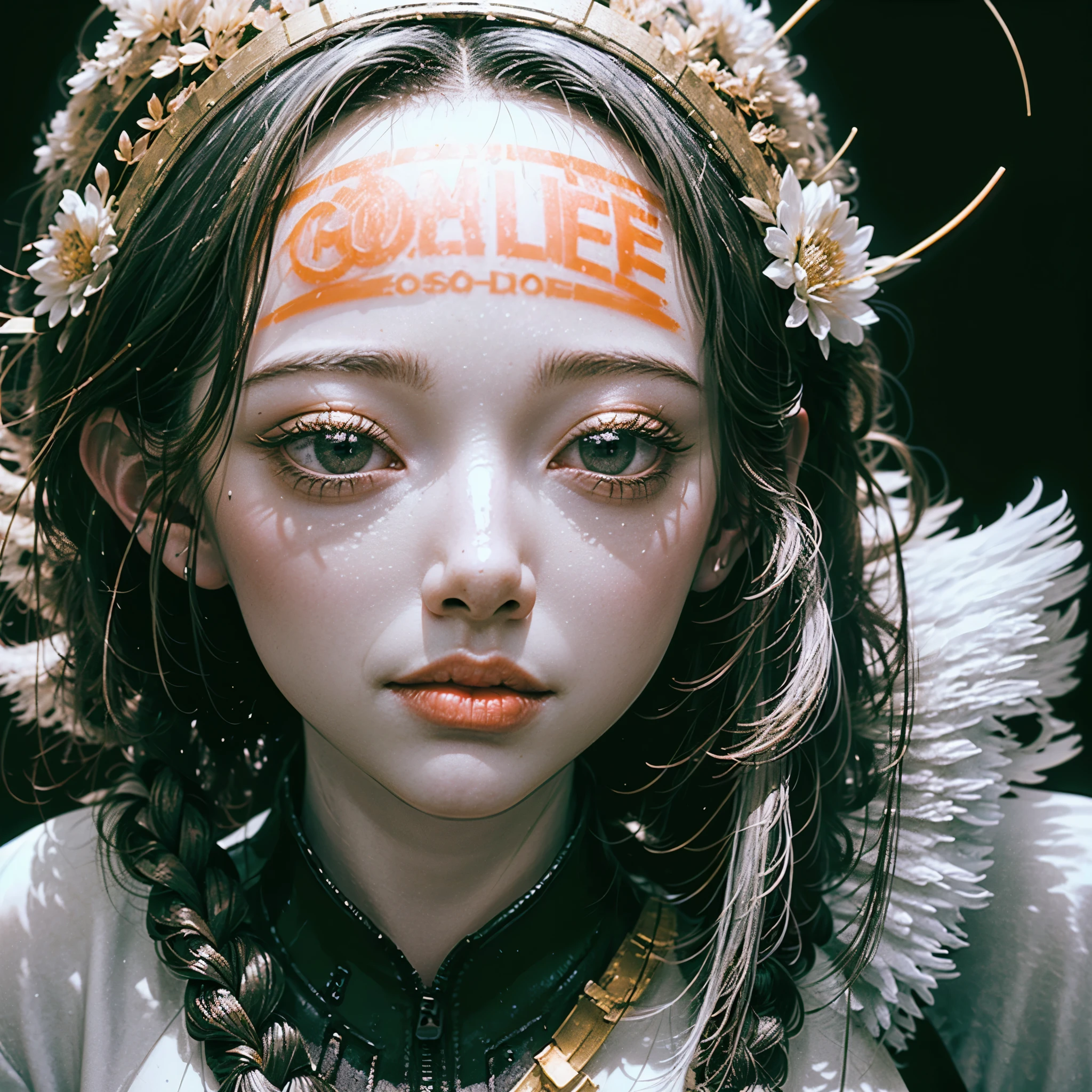 ((Create one girl 16+ years old.), (Full-length), (1 elf), (1 girl), (sexy), (One, bangs, dyed red hair) (White cyber-skull armor), ( long black tights with gloves),(wearing black outfit, holding sword, Ross Tran 8k, 3D character rendering 8K, Ross Tran style, Russell Dongjun Lu, Ross Tran style))_((Green:1.5, Orange:1.1, white: 1.3, yellow: 1.3))_ ((very sexy girl with dreadlocks, tattoos, bare parts of the body), ((down jacket on the naked body, T-shirt, thong))_((Beautiful figure, half-turn 16+ years) ,(realistic)), ((small peach breasts, graceful figure, narrow waist, smooth hips), (long double braids), (tight braids), (braided hair), (dark hair), (red lips), (smile ))_((Shiny skin:1.5, white skin, light skin:1.5)), ((sexy), (cute))_((amazing character designs, quiz style artwork, hyper detailed fantasy character, by Ross Tran!!!, ross-draws 1. 0, epic exquisite character art)).((Fractals, lights, leaves, fog, cherry blossoms, circles background))_((Chiaroscuro, contrast, warm-cold), (atmospheric rendering), (best quality), (Virtual realism))_((Digital painting, anime style, cyberpunk), (best quality, 4k, high resolution, masterpiece: 1.2))((ultradetailed), (realistic, photorealistic , photorealism: 1.37))_((Soft clear shapes, broad strokes, attention to detail))_((High quality, 16K | Ultra HD | Full HD)).