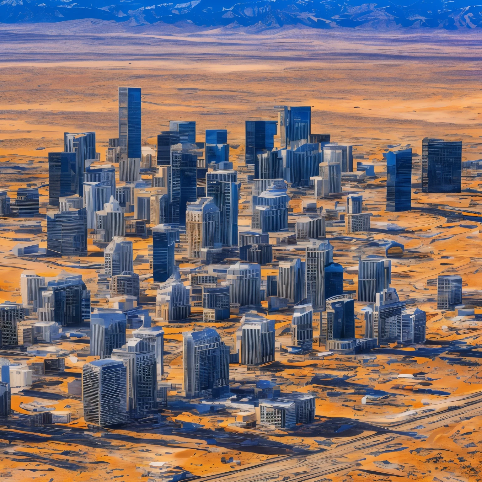 aerial view of Modern building skycraper robust white futuristic LED illuminated blue windows and doors, set in Utah desert orange sunny day realistic texture illuminated ambient day sun city ESG 