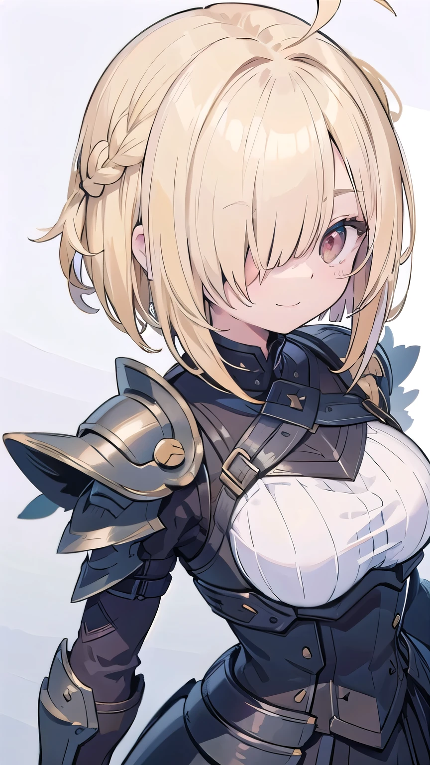 tits、smile, face palm、breasts close up, blonde　((((((hair over one eye)))))), Braid Styles, spiked hair, blunt bangs, bob hair, a braid, Ahoge　red eyes, , From above, From the side, armored dress