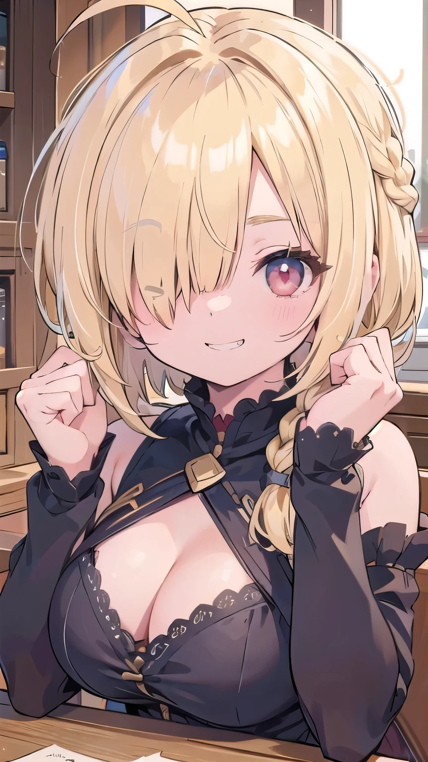cleavage、tits、smile、hands up, elbows on table, face palm、breasts close up, blonde ((((((hair over one eye)))))), Braid Styles, spiked hair, blunt bangs, bob hair, a braid, Ahoge red eyes, grin