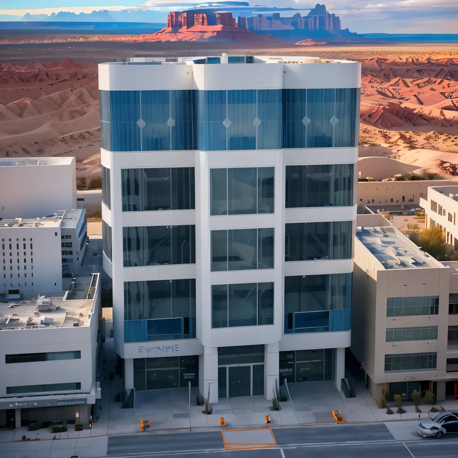 aerial view of Modern building skycraper robust white futuristic LED illuminated blue windows and doors, set in Utah desert orange sunny day realistic texture illuminated ambient day sun city ESG, paved streets, bike paths, bridges and traffic