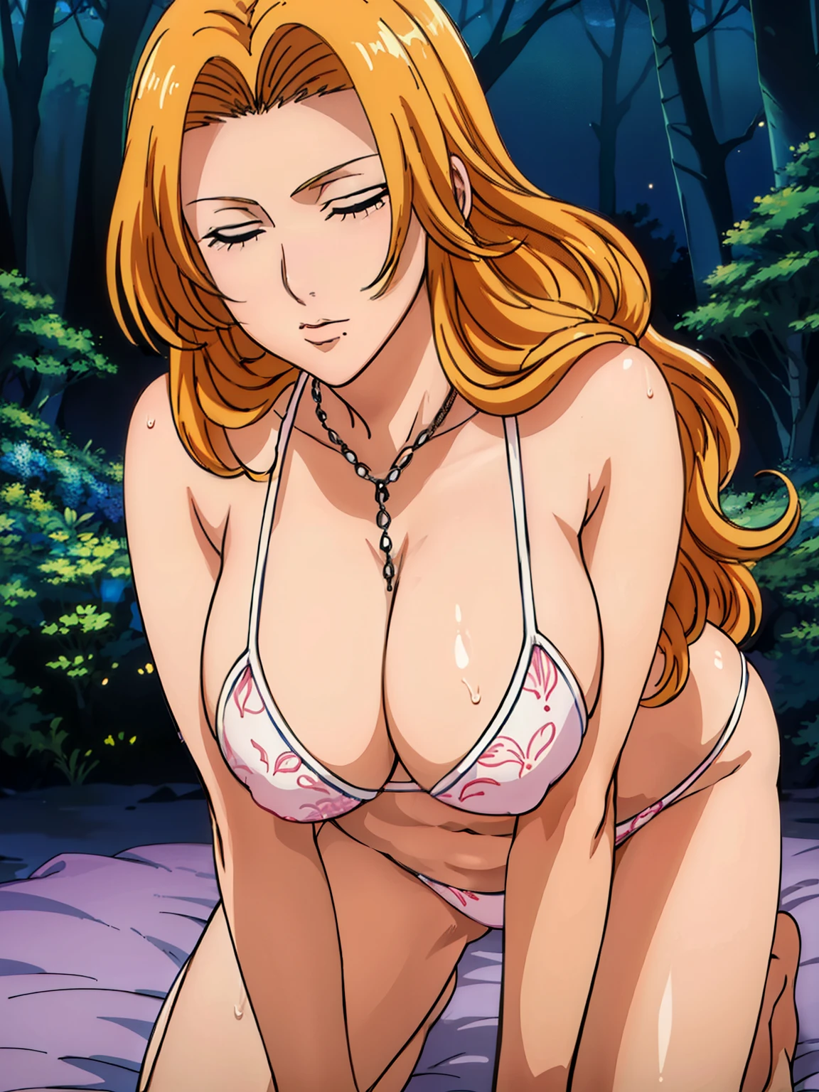 (all fours), (inside red tent), want to kiss pose, flower pattern bikini, (night forest background), matsumoto rangiku, takeda hiromitsu style, anime cels style, best quality, high resolution, (huge breasts:1.3), cowboy shot, (potrait body), blushing, puckered up mouth, closed eyes, Blonde hair, bangs,Long_hair, 1 girl, looking at viewer, beautiful face, Beautiful Finger, Beautiful long legs, Beautiful body, Beautiful Nose,Beautiful character design