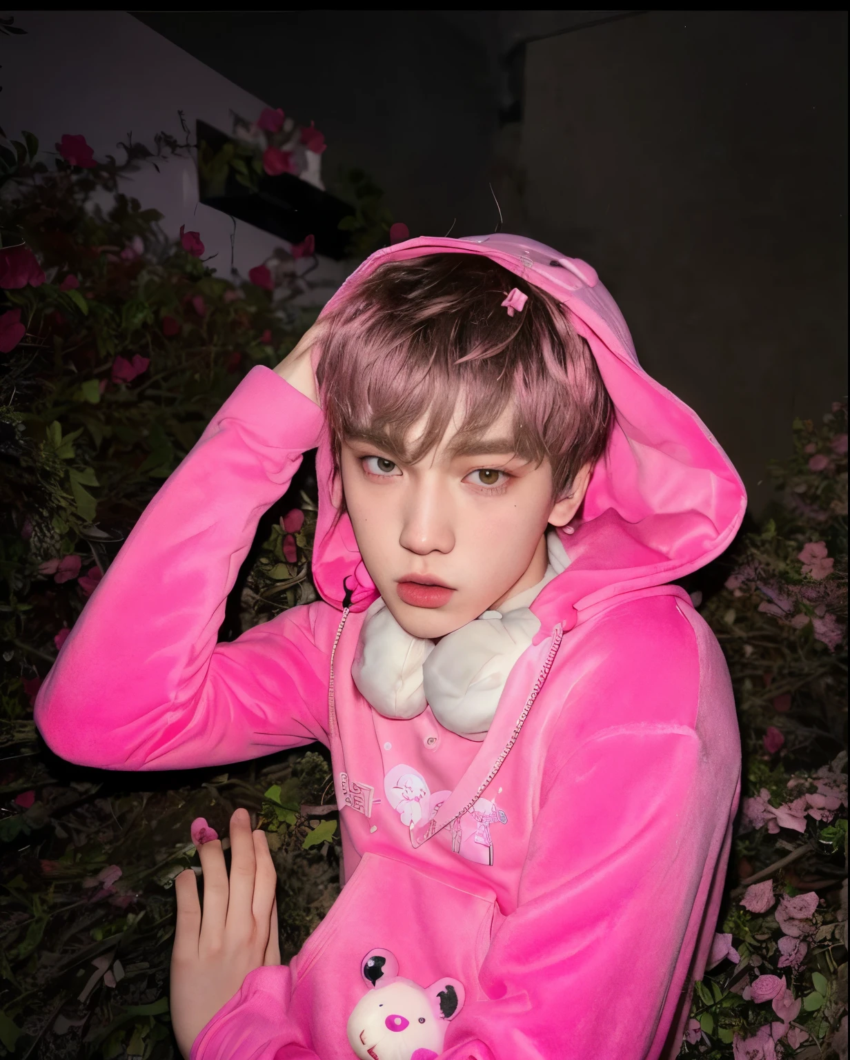 there is a young boy in a pink teddy bear costume, bladee from drain gang, covered in pink flesh, wearing a pink hoodie, wearing a pink rabbit costume, belle delphine, wearing a hoodie and flowers, glowing pink face, cooky, looks like a mix of grimes, she looks like a mix of grimes, lil peep, taejune kim