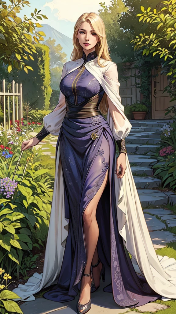 masterpiece,extremely beautiful woman,highly detailed beautiful face,big eyelahes,minimum waist,maxi fence dress, tights,straight blonde hair,excellent sense,American Comics,(((The Perfect One Woman))),(((one person))),colorful,highly detailed body,florish garden in the background 