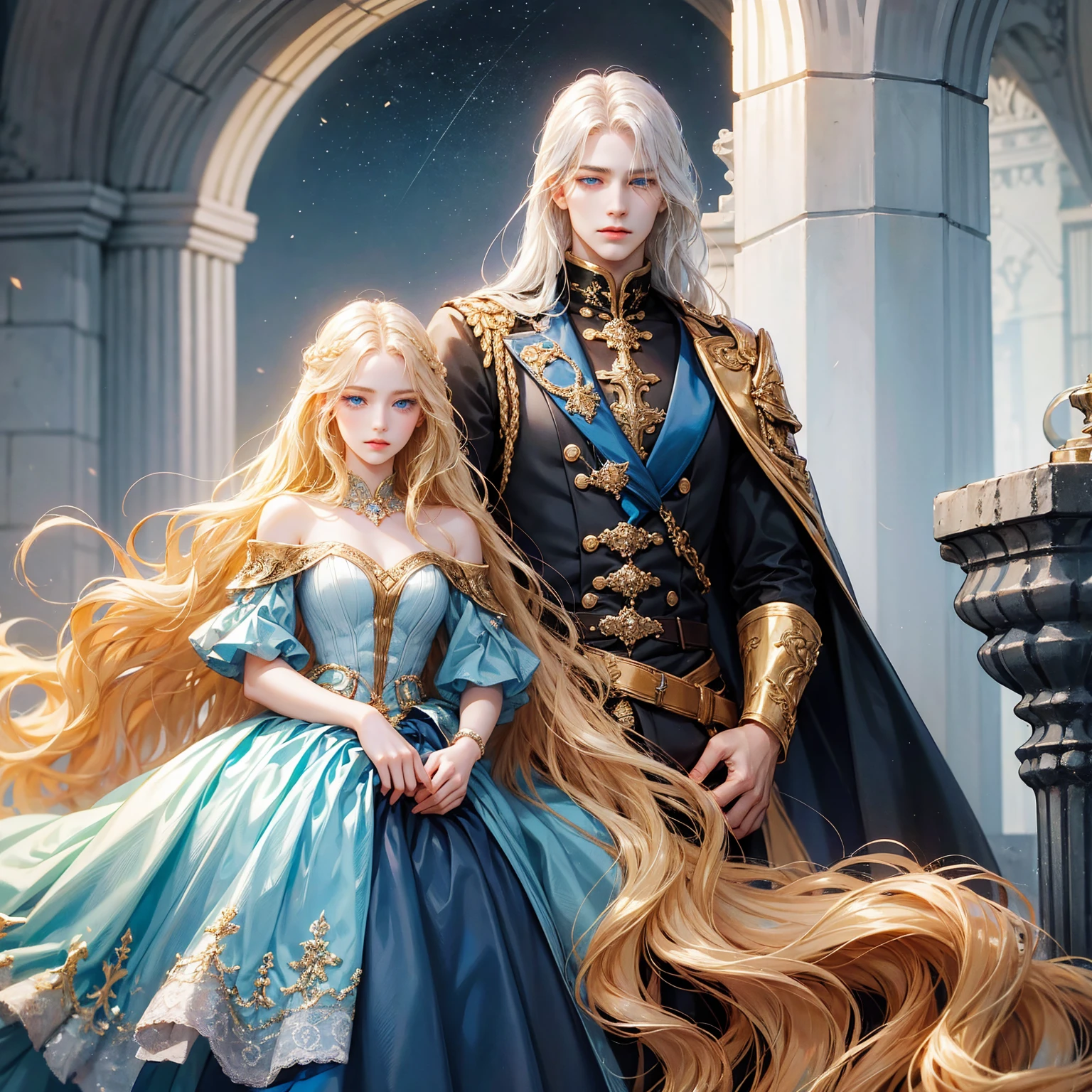 pair, 1 girl 1 boy, long golden blond wavy hair and blue eyes, long straight platinum hair and blue eyes, romance, romantic, Different heights, fantasy, detailed eyes, simple background